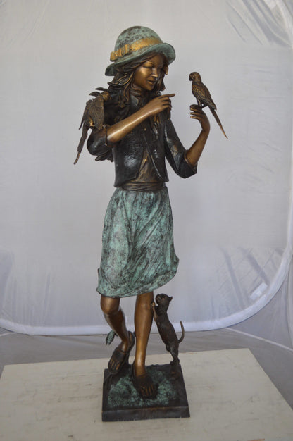 Standing girl with parrots Bronze Statue -  Size: 15"L x 16"W x 41"H. 