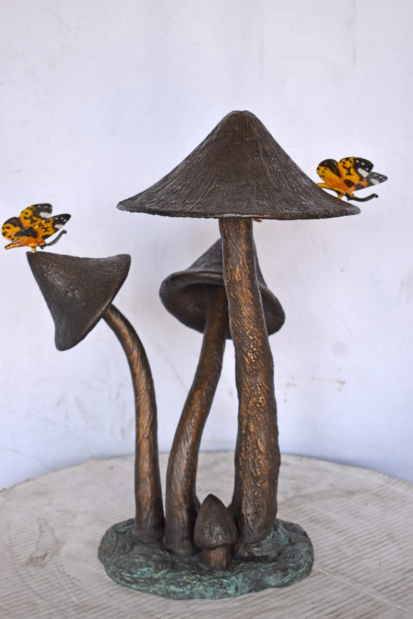 Mushrooms with Butterflies Bronze Statue Fountain - Size: 16"L x 12"W x 18"H.
