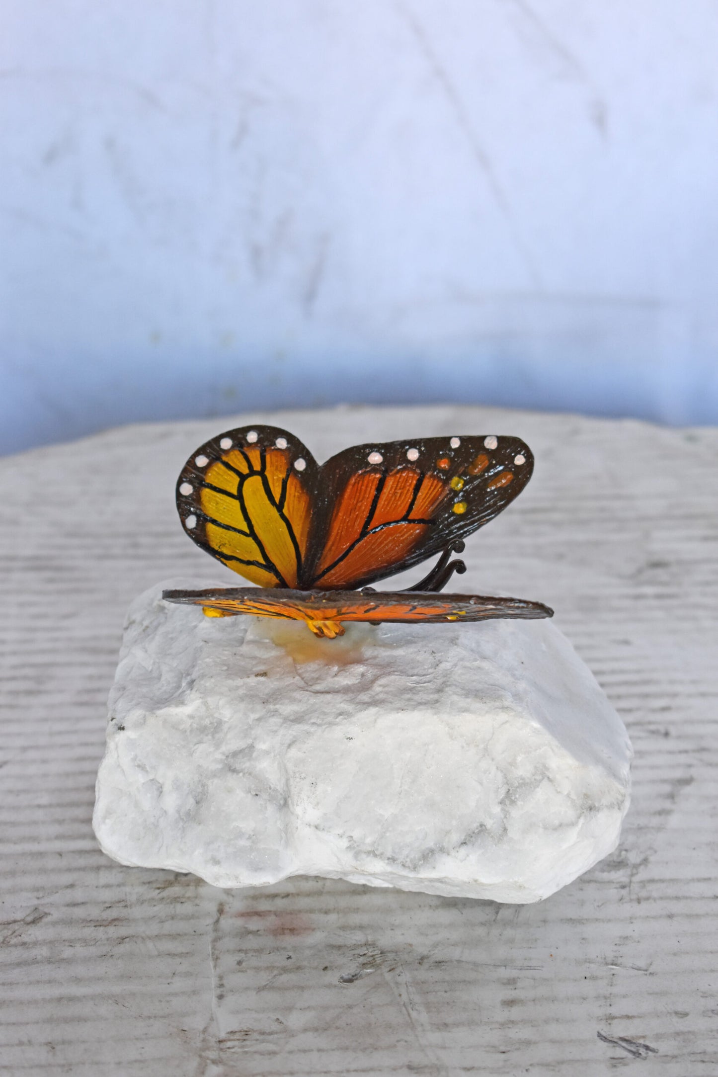 Black and Orange Butterfly made of Bronze mounted on a rock Size: 5" x 5" x 4"H