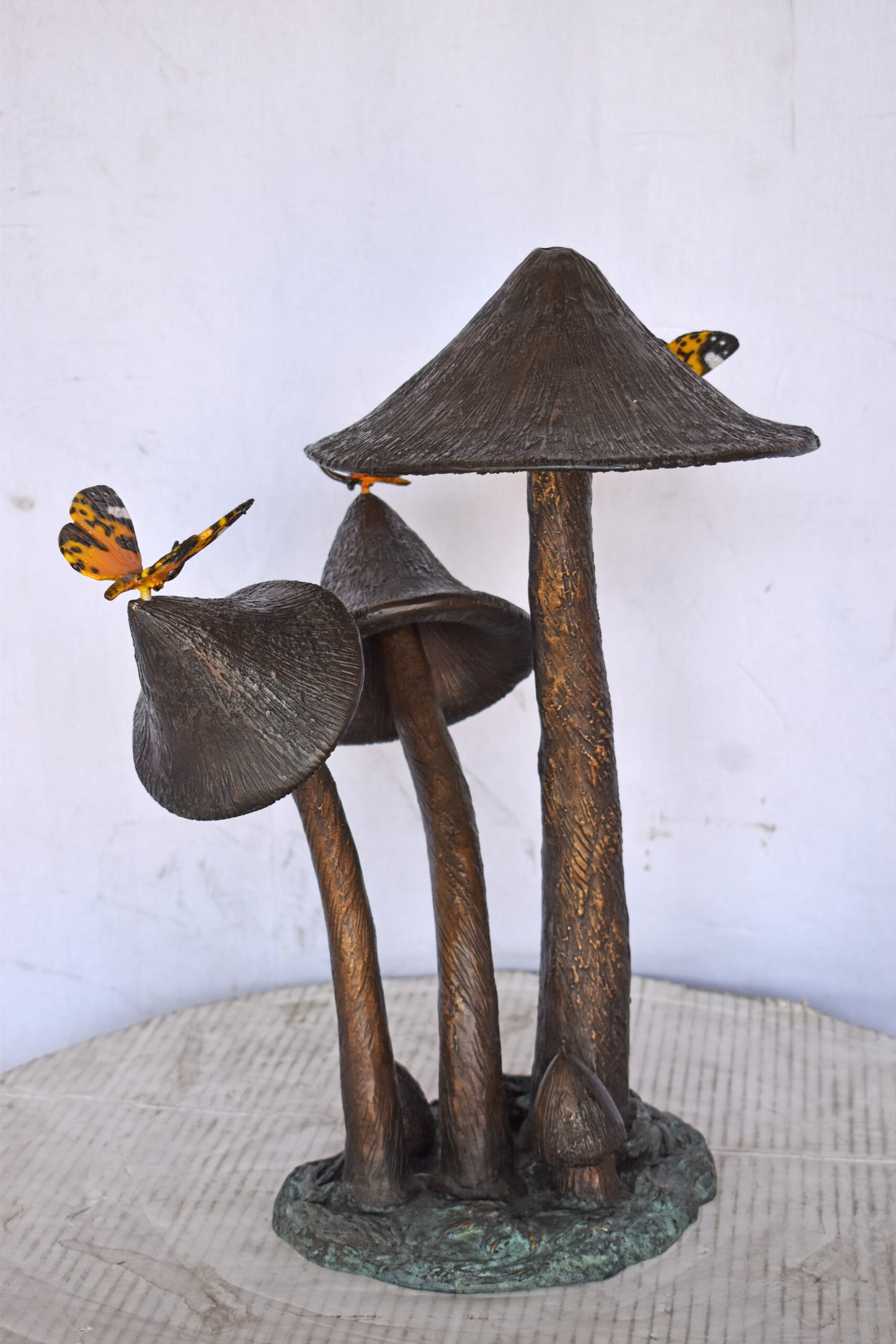 Mushrooms with Butterflies Bronze Statue Fountain - Size: 16"L x 12"W x 18"H.