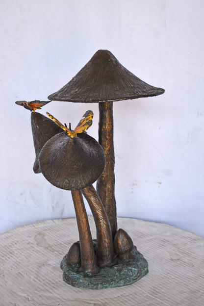 Mushrooms with Butterflies Bronze Statue Fountain - Size: 16"L x 12"W x 18"H.