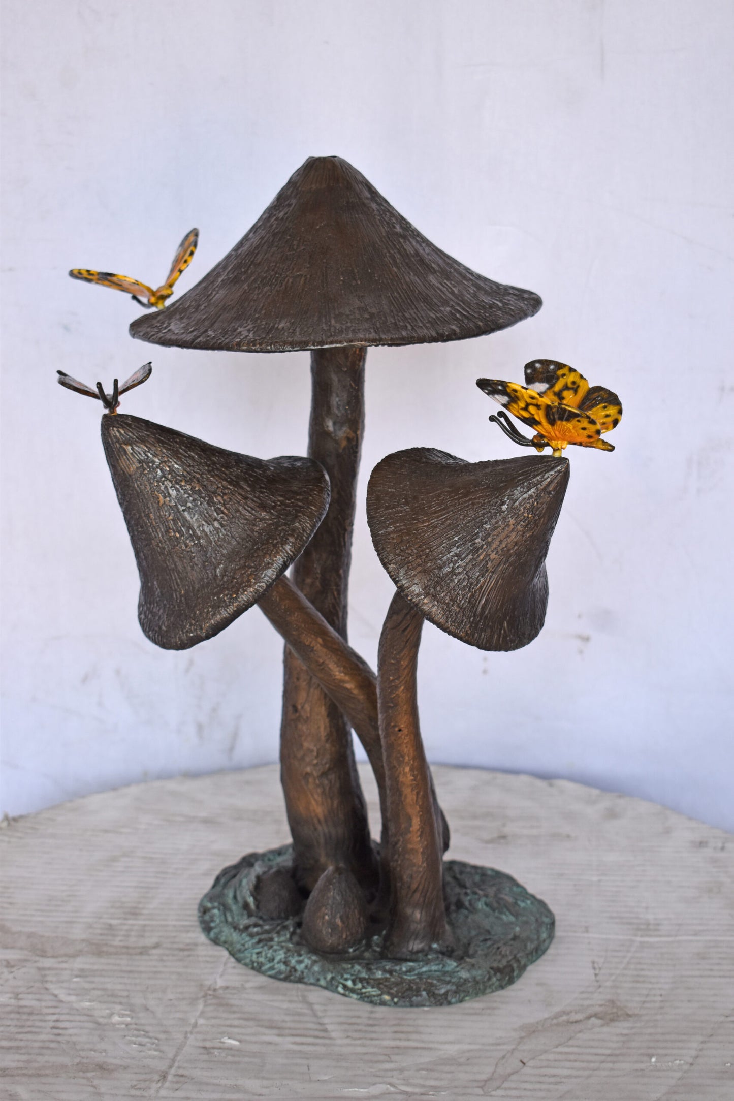 Mushrooms with Butterflies Bronze Statue Fountain - Size: 16"L x 12"W x 18"H.