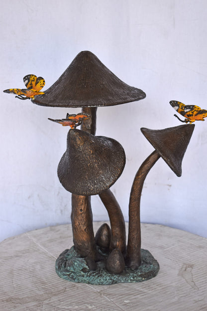 Mushrooms with Butterflies Bronze Statue Fountain - Size: 16"L x 12"W x 18"H.