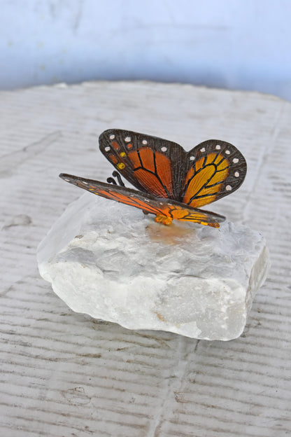 Black and Orange Butterfly made of Bronze mounted on a rock Size: 5" x 5" x 4"H