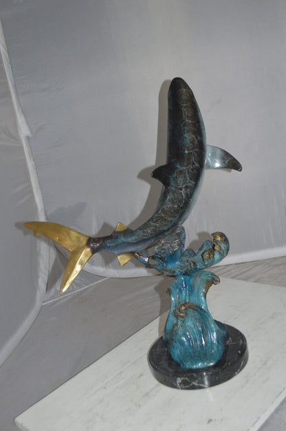 Shark Jumping off the water Bronze Statue -  Size: 14"L x 24"W x 28"H. 