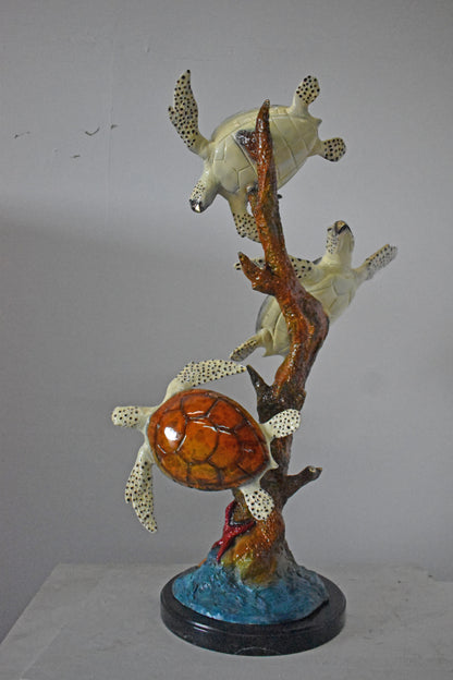 Three Turtles with Coral Bronze Statue - Size: 32"L x 32"W x 41"H.