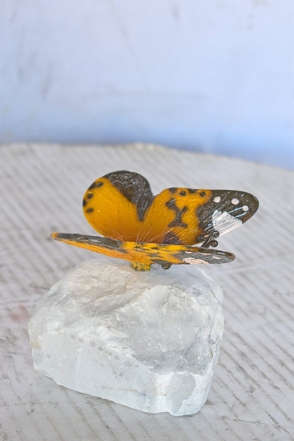 Orange Butterfly made of Bronze mounted on a rock - Size: 5"L x 5"W x 4"H.