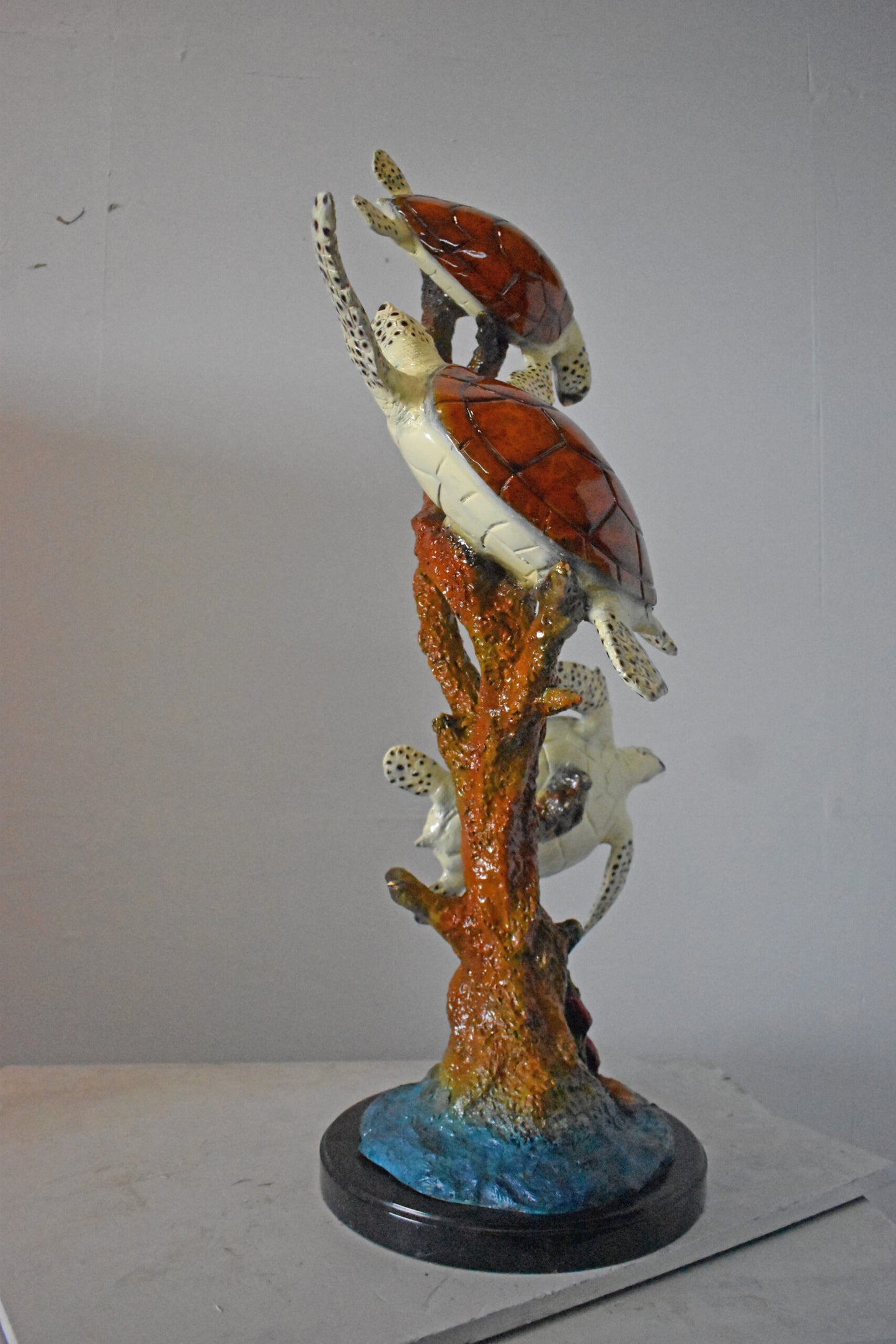 Three Turtles with Coral Bronze Statue - Size: 32"L x 32"W x 41"H.