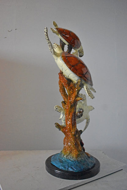 Three Turtles with Coral Bronze Statue - Size: 32"L x 32"W x 41"H.