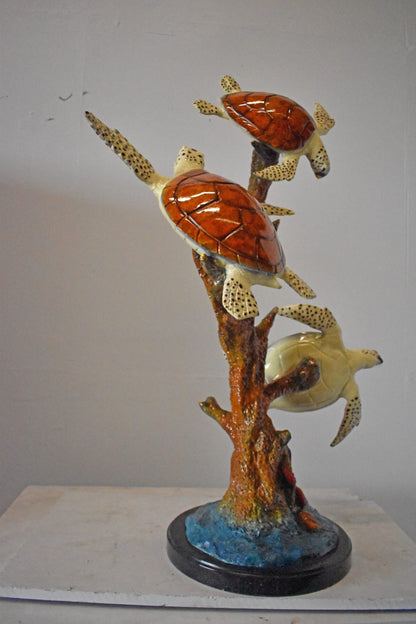 Three Turtles with Coral Bronze Statue - Size: 32"L x 32"W x 41"H.