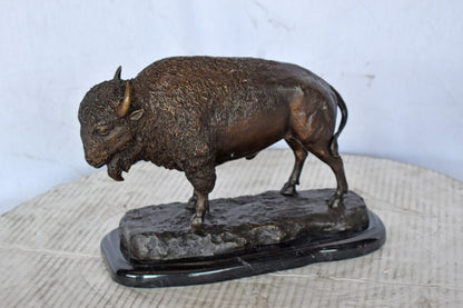 Bison standing and looking down Bronze Statue - Size: 11"L x 6"W x 8"H.