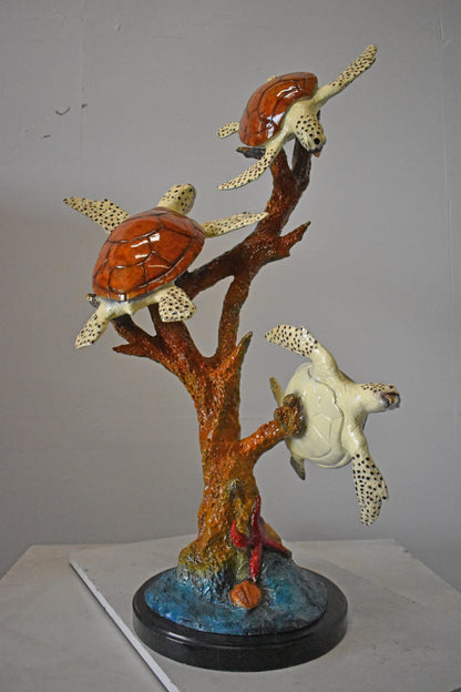 Three Turtles with Coral Bronze Statue - Size: 32"L x 32"W x 41"H.
