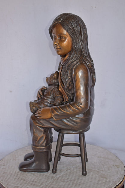 Girl Sitting with her Teddy bear Bronze Statue - Size: 12" x 15" x 27"H.
