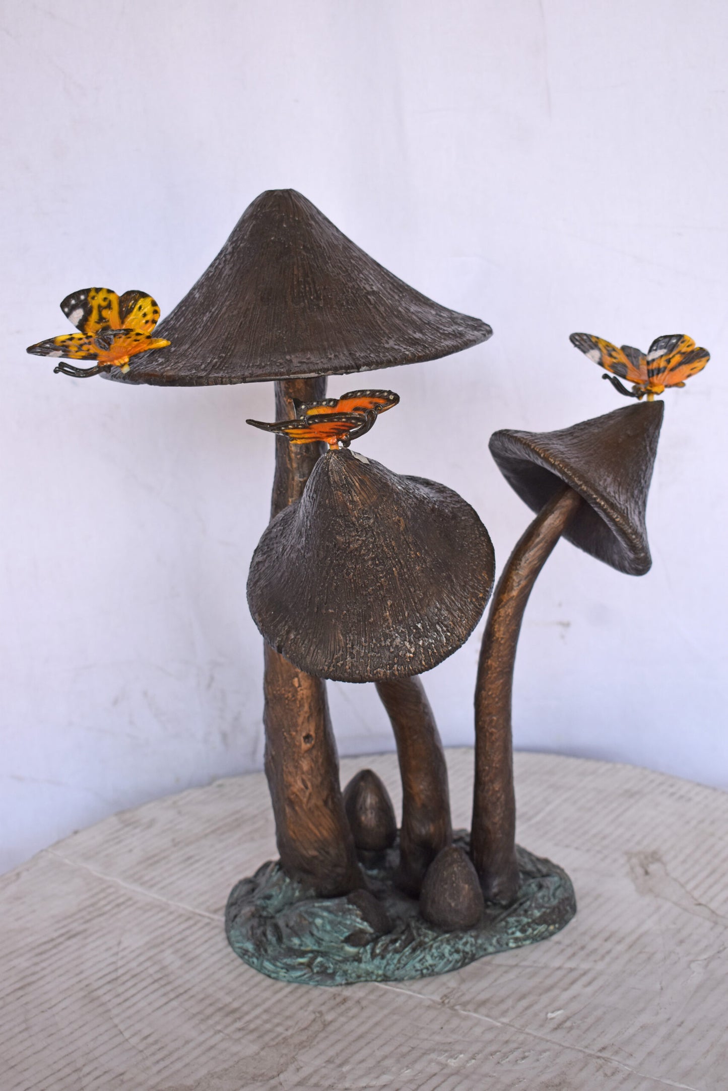 Mushrooms with Butterflies Bronze Statue Fountain - Size: 16"L x 12"W x 18"H.