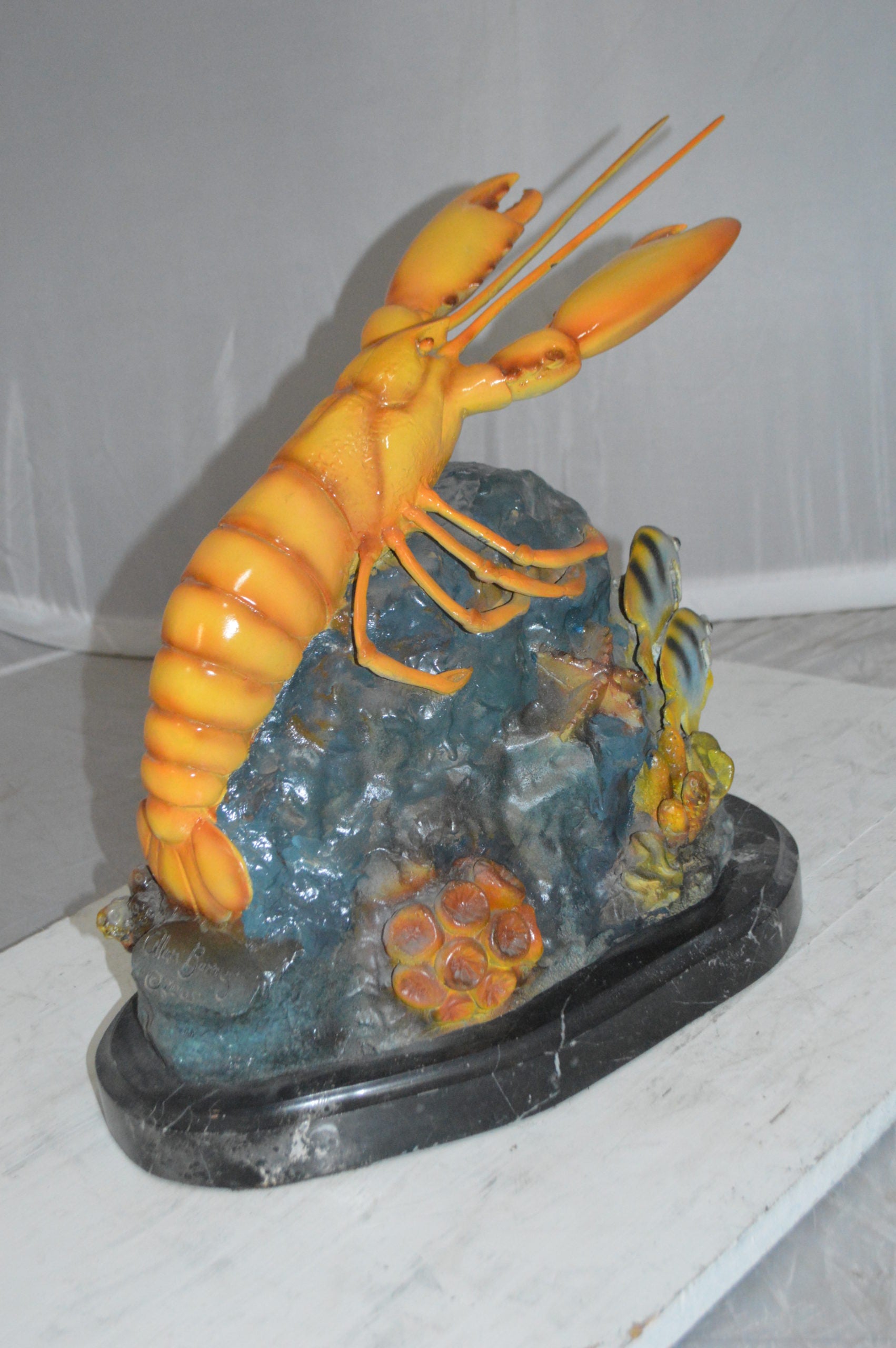Lobster with Fish Bronze Statue -  Size: 9"L x 18"W x 16"H. 