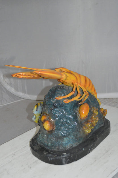 Lobster with Fish Bronze Statue -  Size: 9"L x 18"W x 16"H. 