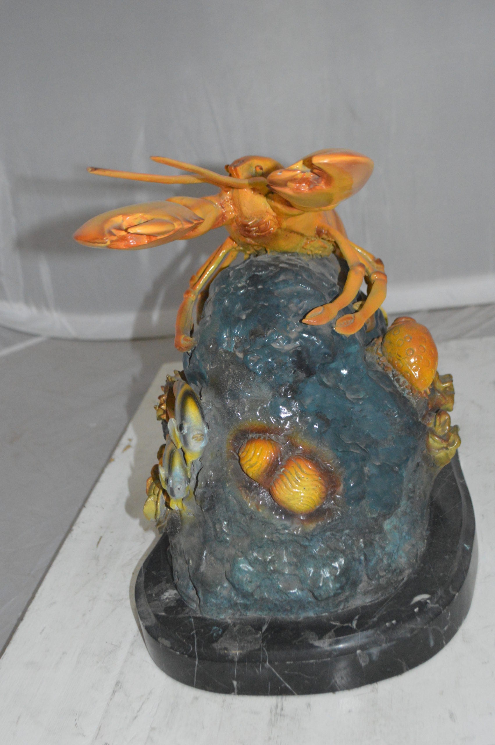Lobster with Fish Bronze Statue -  Size: 9"L x 18"W x 16"H. 