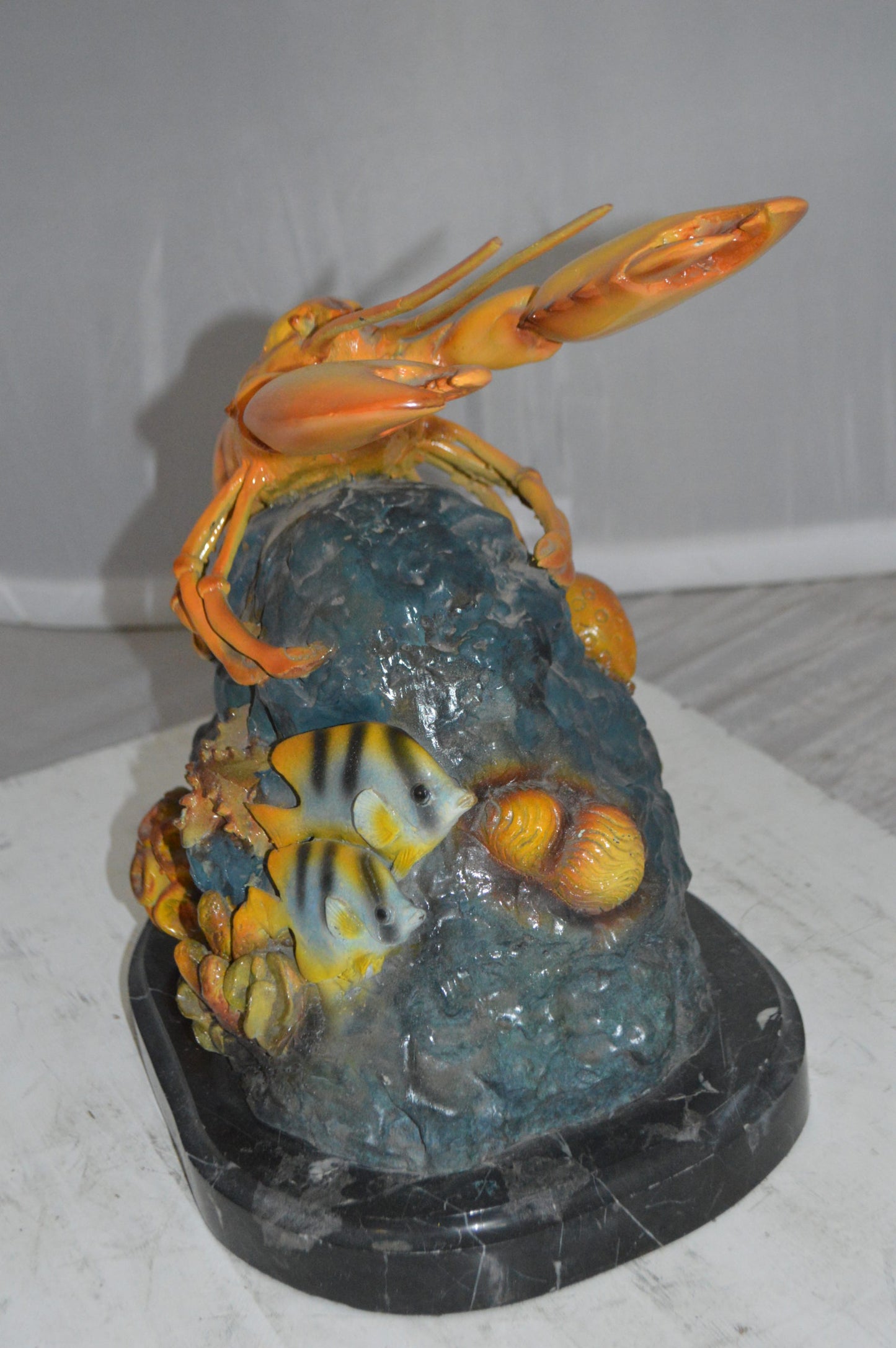 Lobster with Fish Bronze Statue -  Size: 9"L x 18"W x 16"H. 