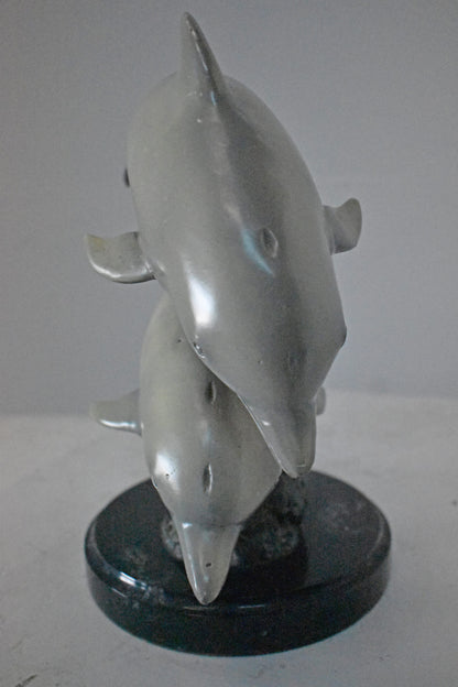 Three Grey Dolphins Swimming Bronze Statue on Marble - Size: 16"L x 9"W x 13"H.