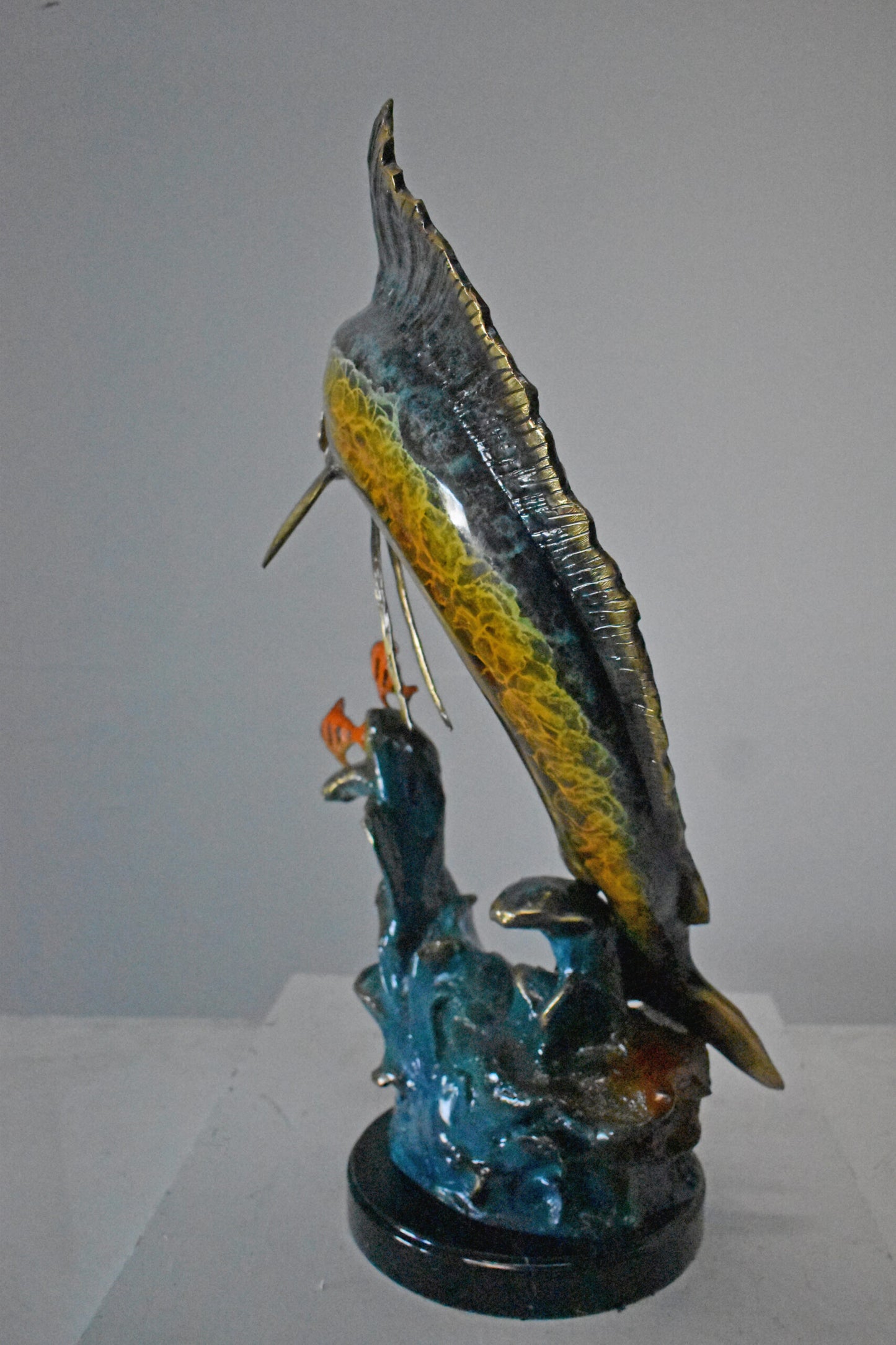 Swordfish with Two Small fish Bronze Statue on Marble - Size: 21"L x 13"W x 28"H
