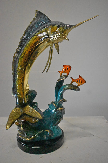 Swordfish with Two Small fish Bronze Statue on Marble - Size: 21"L x 13"W x 28"H