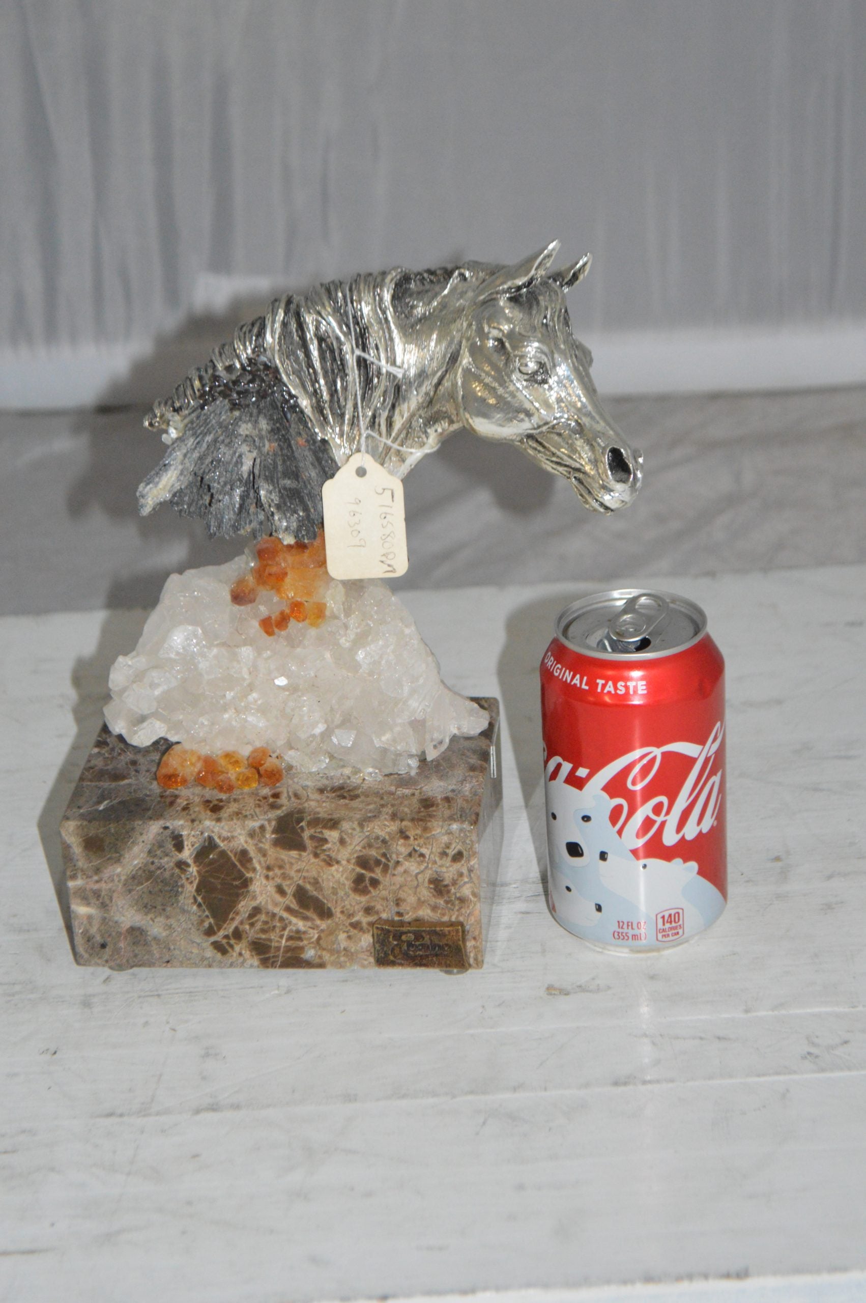 Horse on Crystal Stone mounted on Marble by Vidal -  Size: 4"L x 9"W x 10"H. 