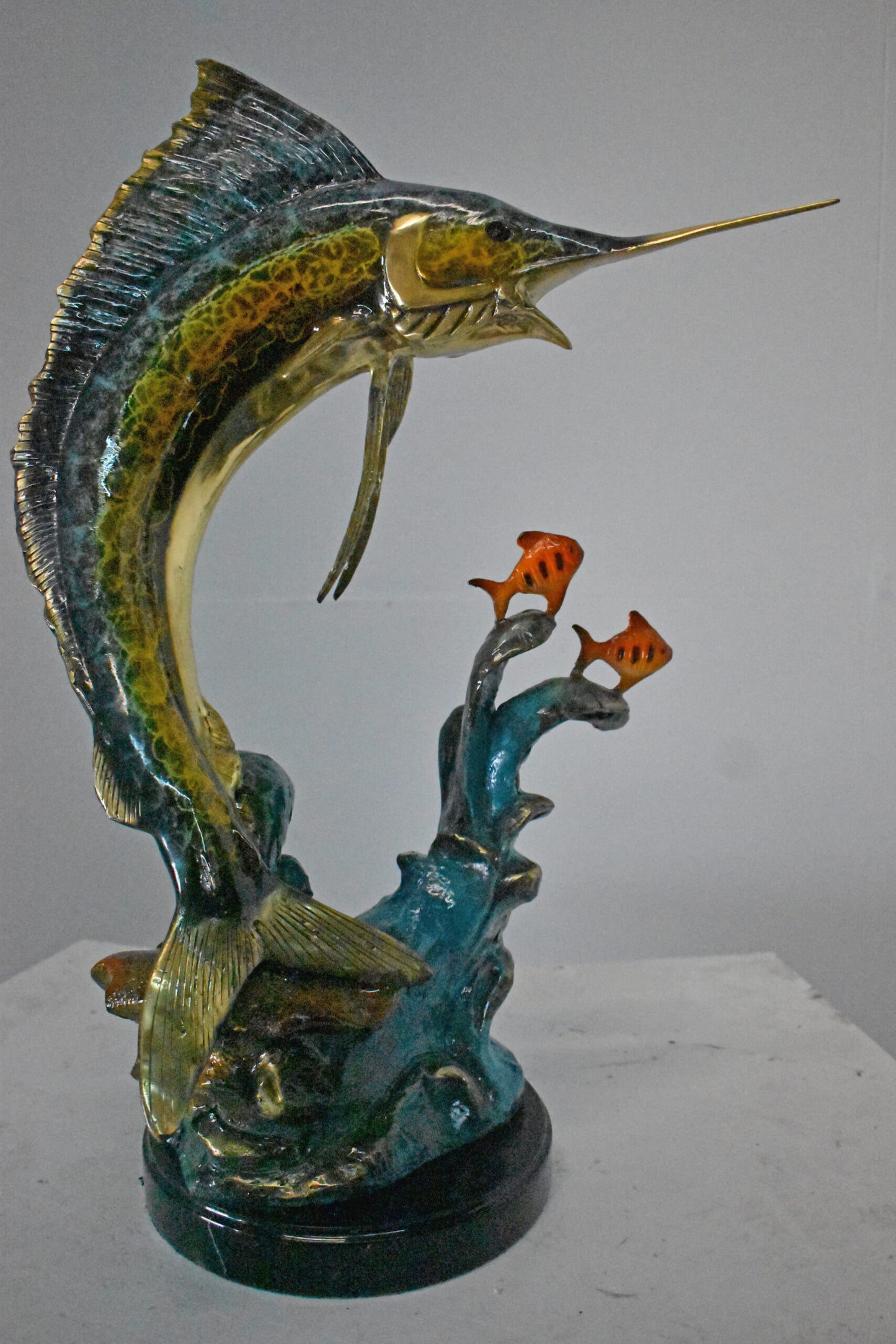 Swordfish with Two Small fish Bronze Statue on Marble - Size: 21"L x 13"W x 28"H