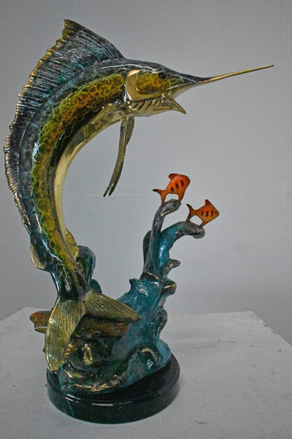 Swordfish with Two Small fish Bronze Statue on Marble - Size: 21"L x 13"W x 28"H