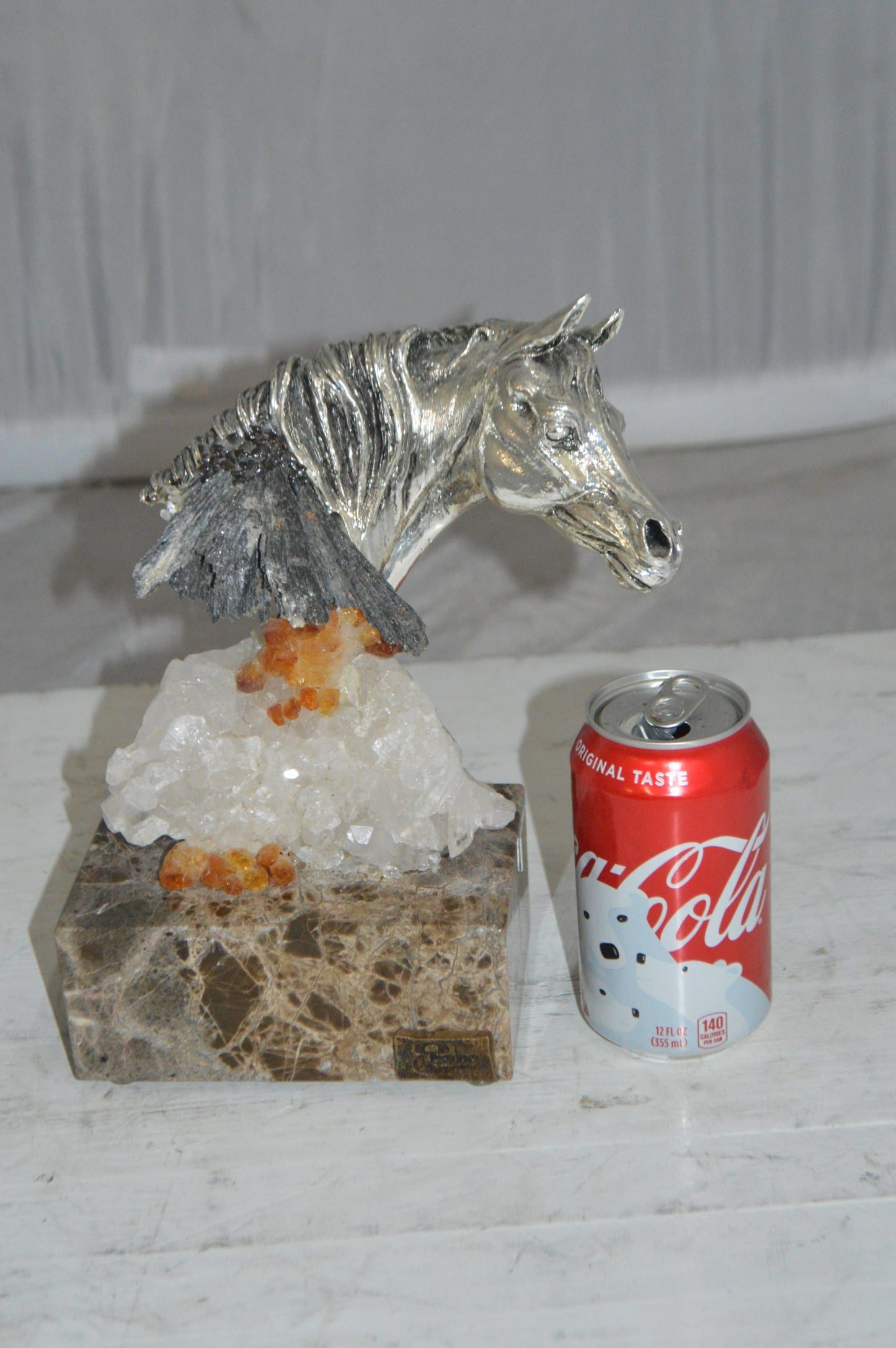 Horse on Crystal Stone mounted on Marble by Vidal -  Size: 4"L x 9"W x 10"H. 