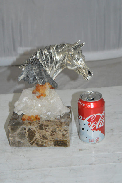 Horse on Crystal Stone mounted on Marble by Vidal -  Size: 4"L x 9"W x 10"H. 