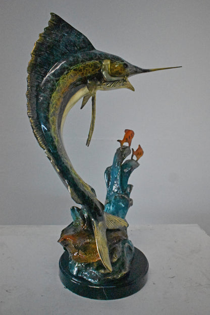Swordfish with Two Small fish Bronze Statue on Marble - Size: 21"L x 13"W x 28"H