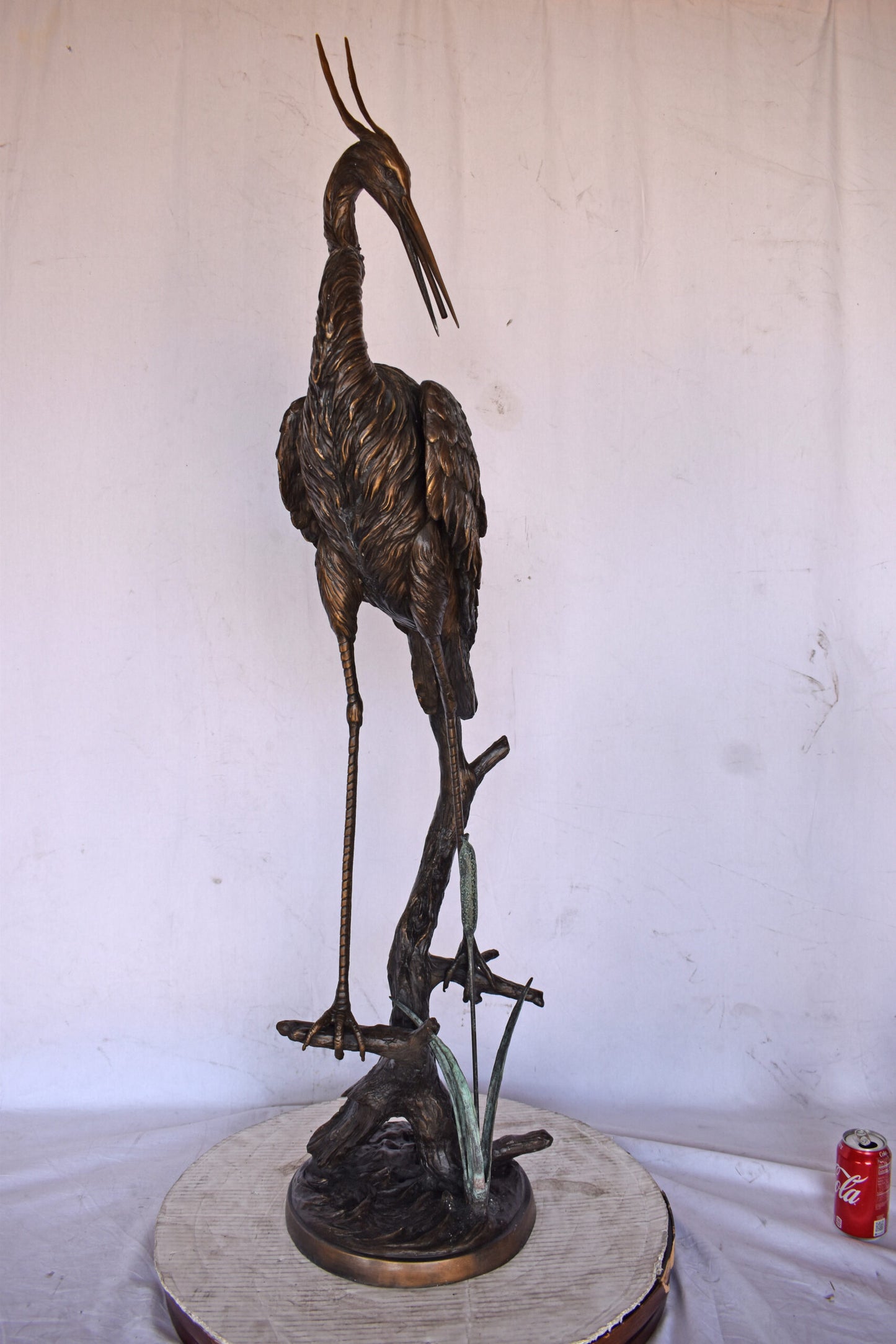 Crane Standing on A Branch Bronze Statue Fountain - Size: 13"L x 7"W x 43"H.