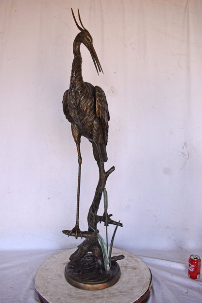 Crane Standing on A Branch Bronze Statue Fountain - Size: 13"L x 7"W x 43"H.