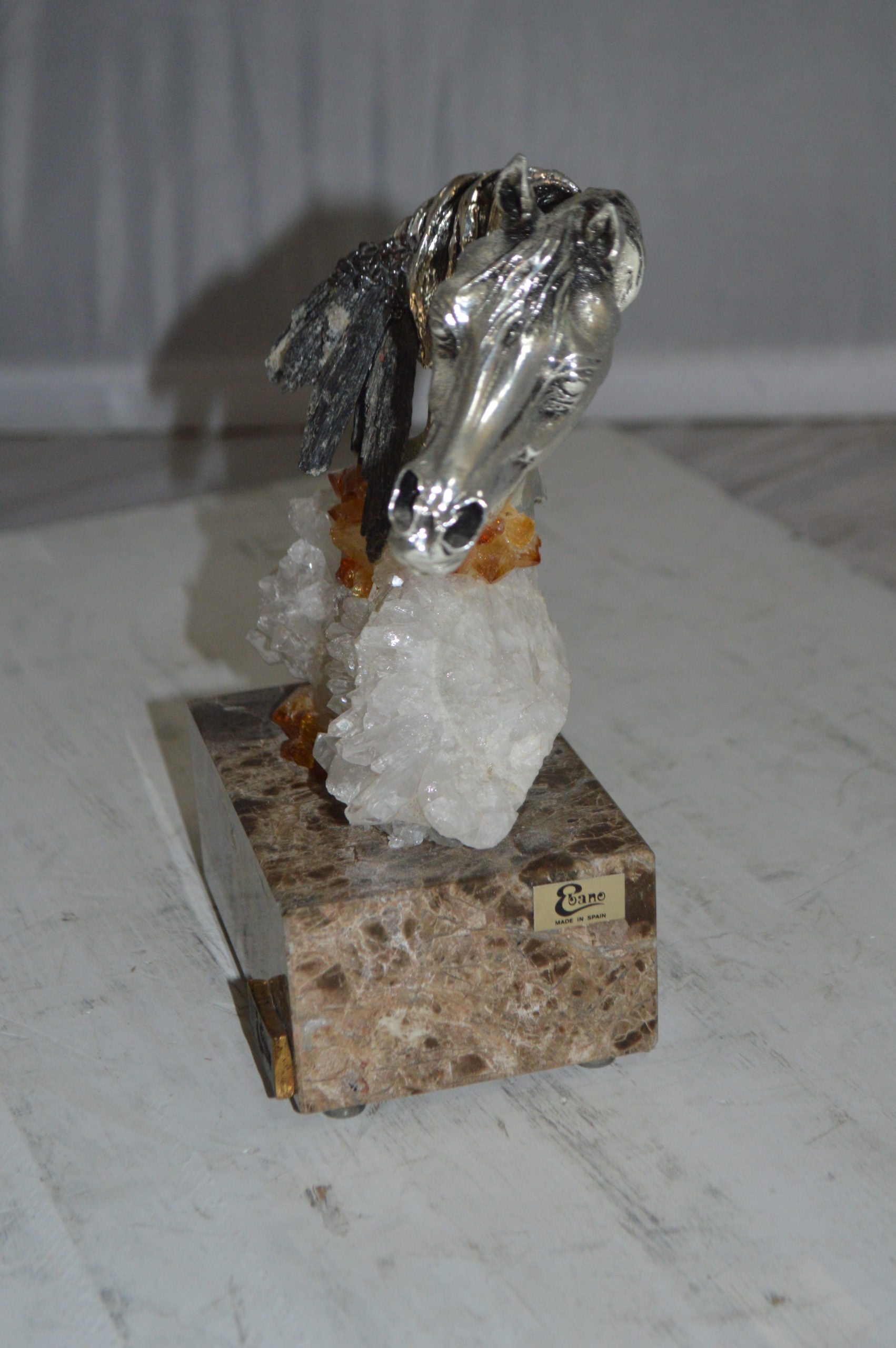 Horse on Crystal Stone mounted on Marble by Vidal -  Size: 4"L x 9"W x 10"H. 