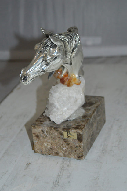 Horse on Crystal Stone mounted on Marble by Vidal -  Size: 4"L x 9"W x 10"H. 