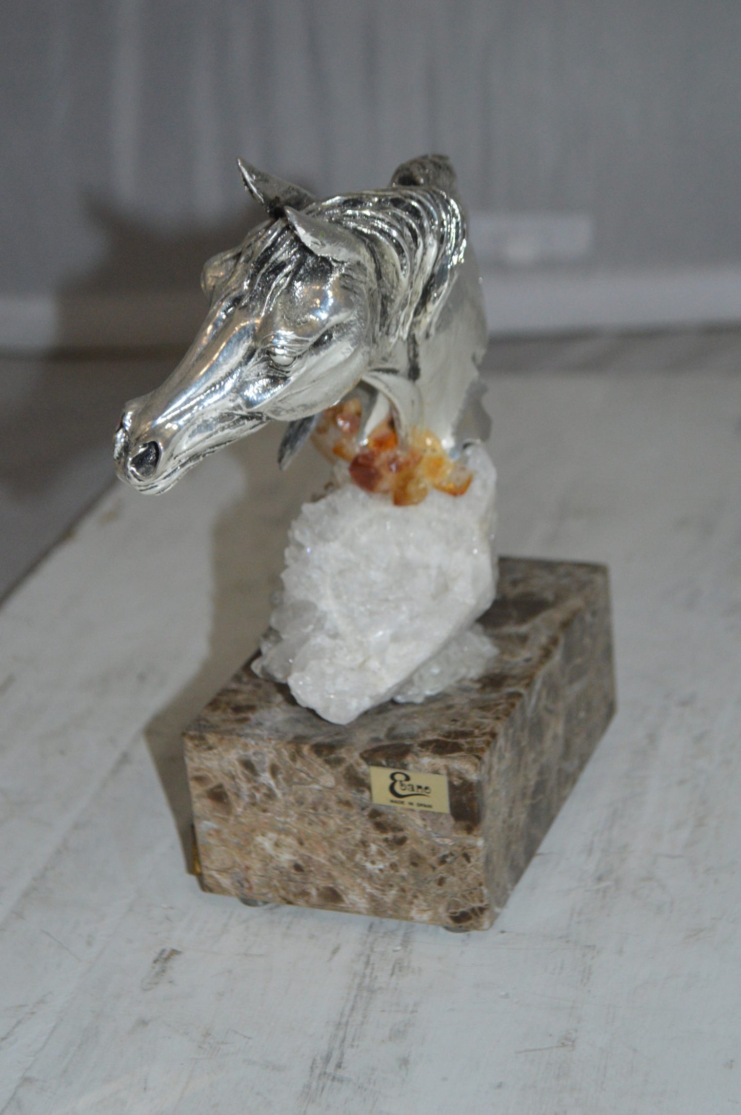 Horse on Crystal Stone mounted on Marble by Vidal -  Size: 4"L x 9"W x 10"H. 