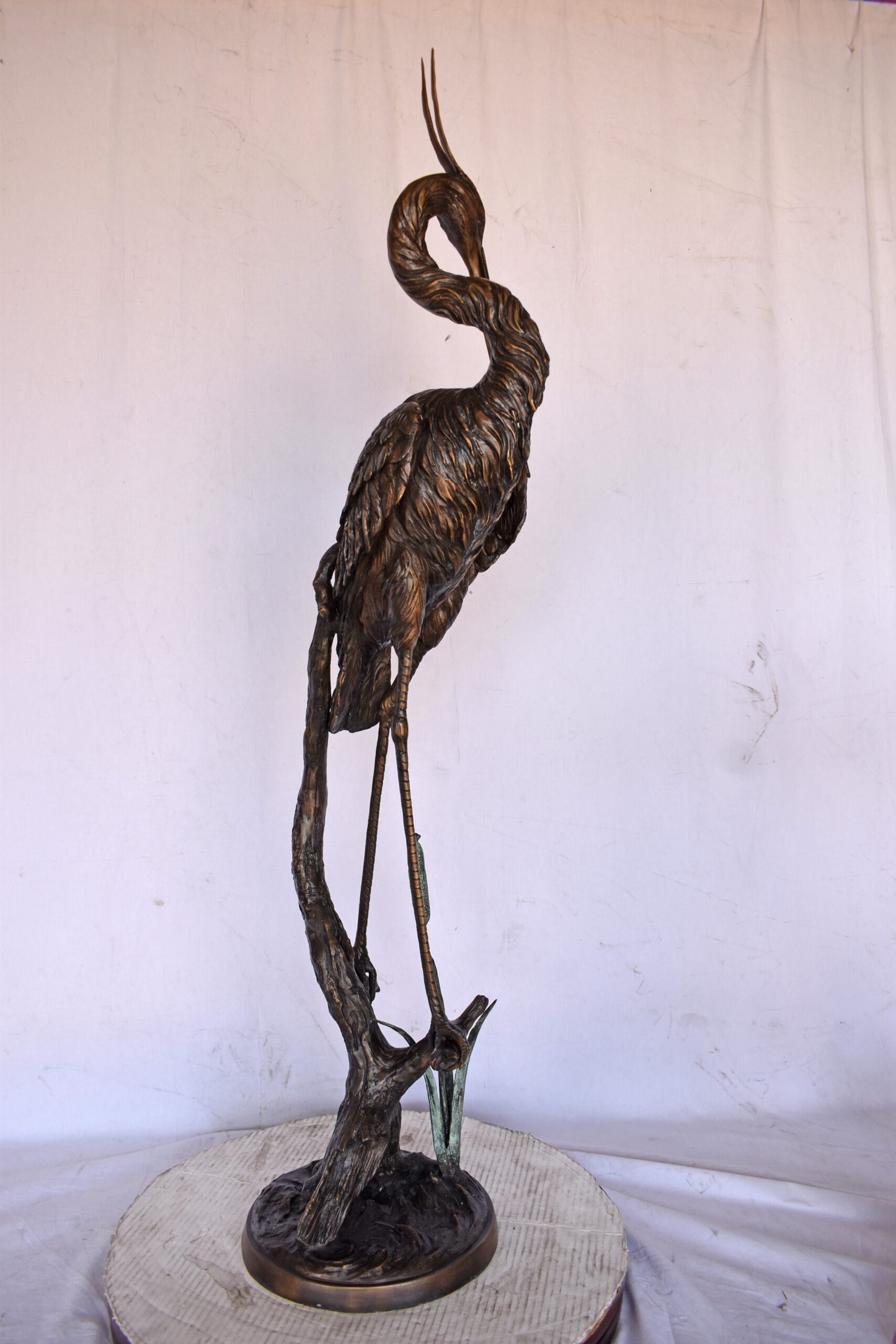 Crane Standing on A Branch Bronze Statue Fountain - Size: 13"L x 7"W x 43"H.