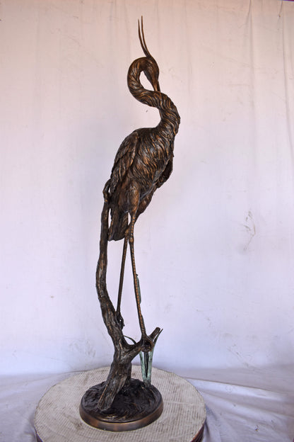 Crane Standing on A Branch Bronze Statue Fountain - Size: 13"L x 7"W x 43"H.