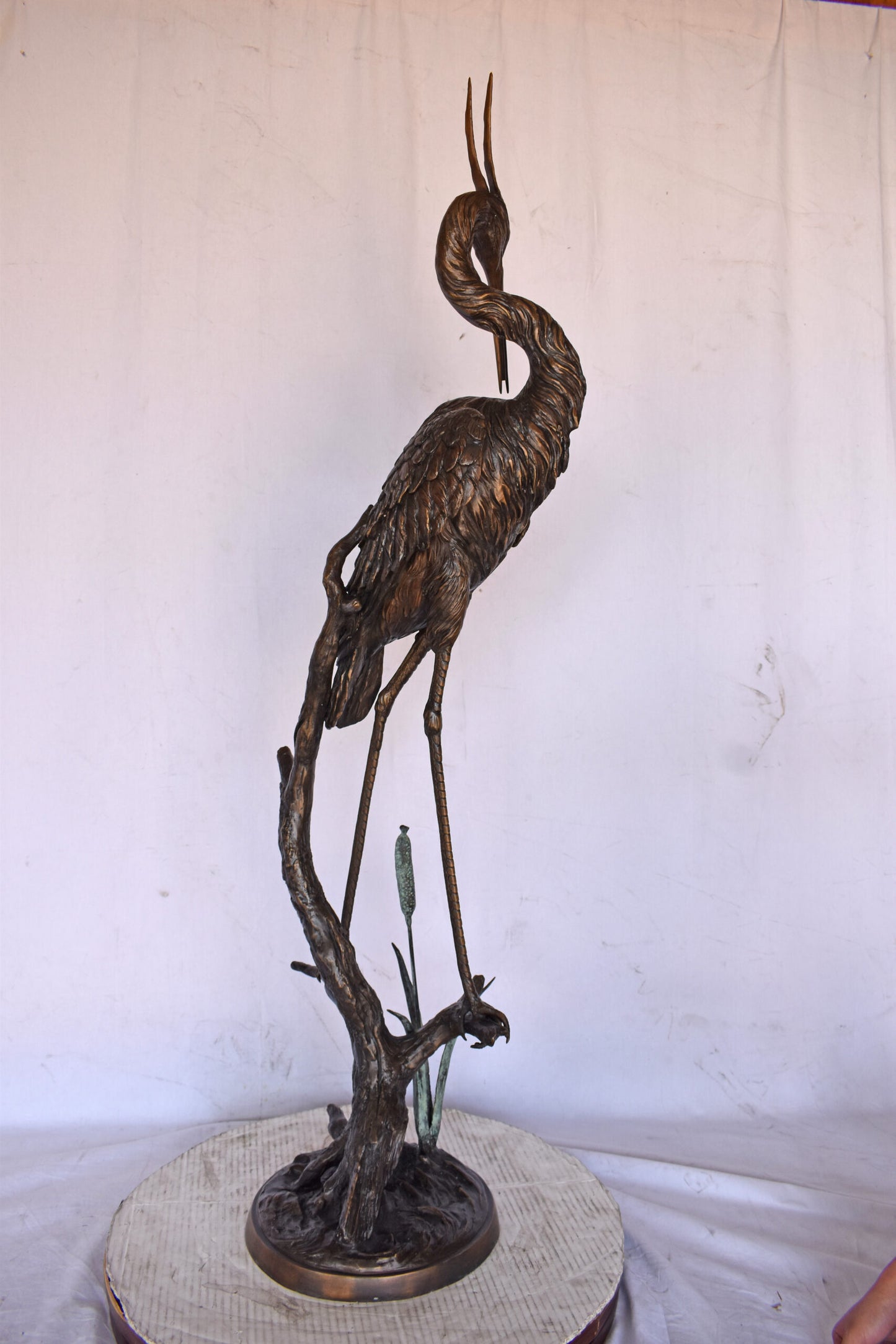 Crane Standing on A Branch Bronze Statue Fountain - Size: 13"L x 7"W x 43"H.