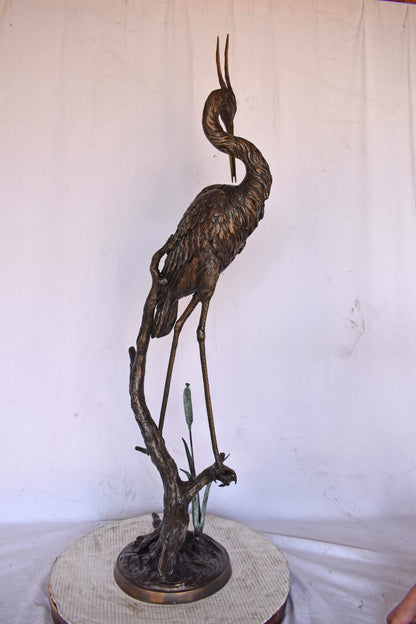 Crane Standing on A Branch Bronze Statue Fountain - Size: 13"L x 7"W x 43"H.