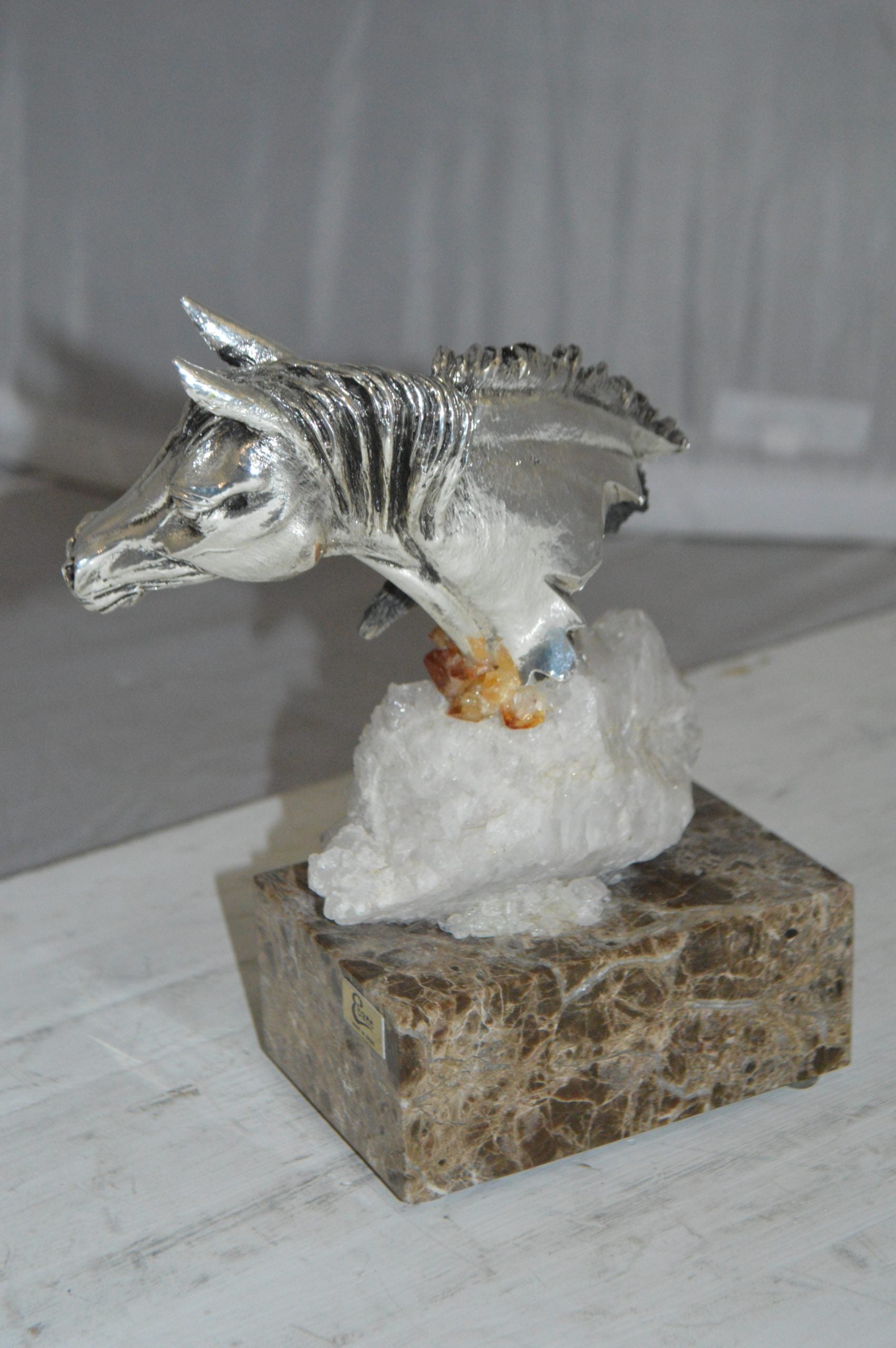 Horse on Crystal Stone mounted on Marble by Vidal -  Size: 4"L x 9"W x 10"H. 