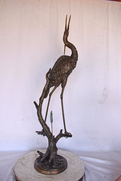 Crane Standing on A Branch Bronze Statue Fountain - Size: 13"L x 7"W x 43"H.