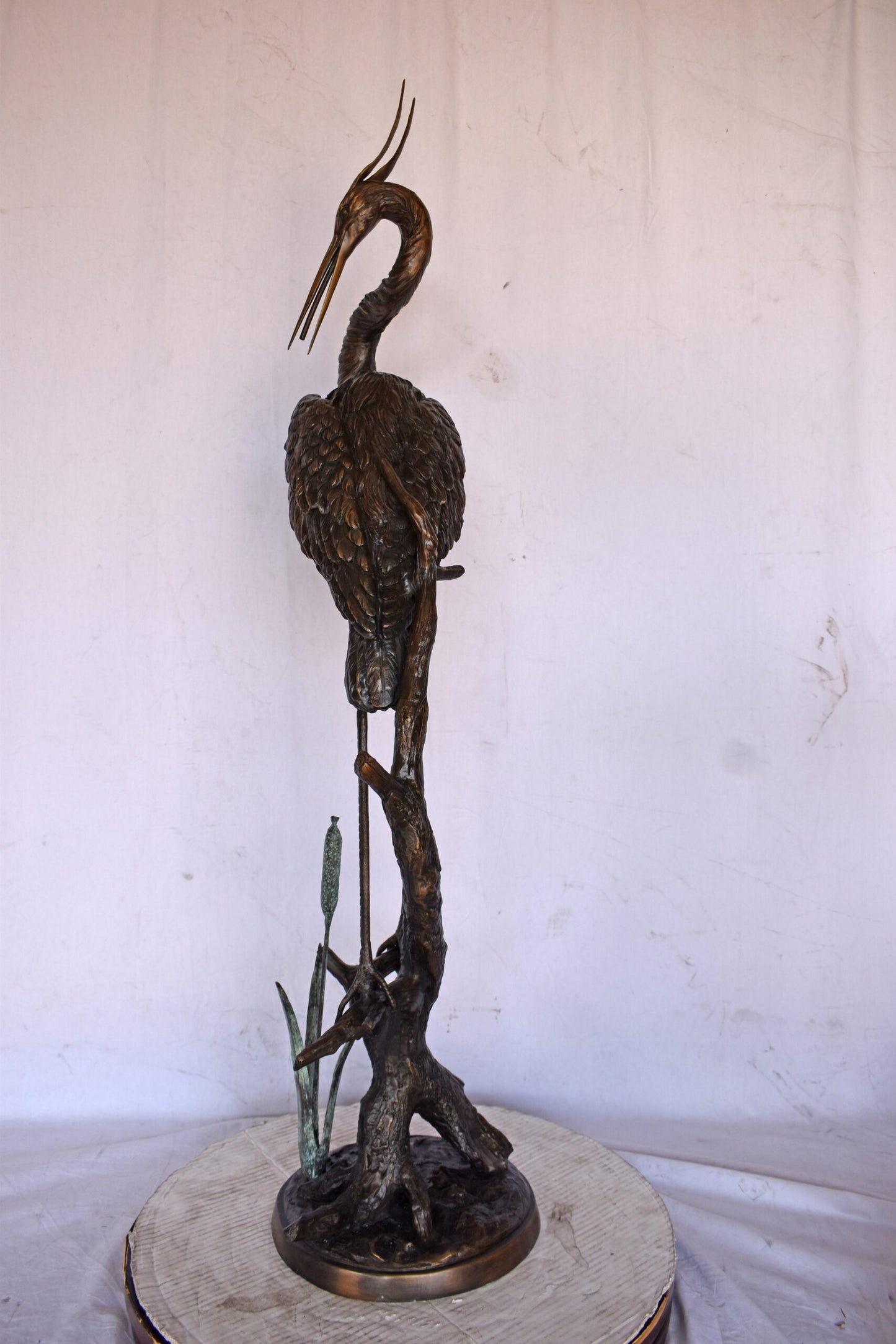 Crane Standing on A Branch Bronze Statue Fountain - Size: 13"L x 7"W x 43"H.