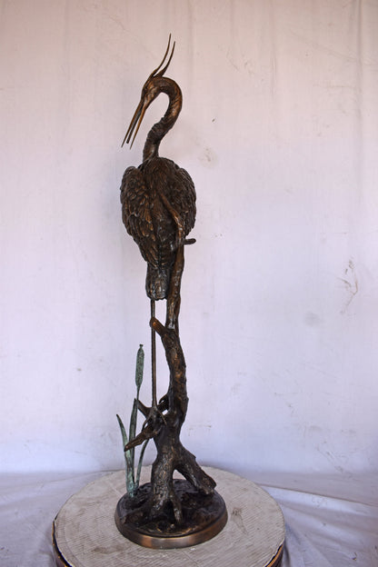 Crane Standing on A Branch Bronze Statue Fountain - Size: 13"L x 7"W x 43"H.