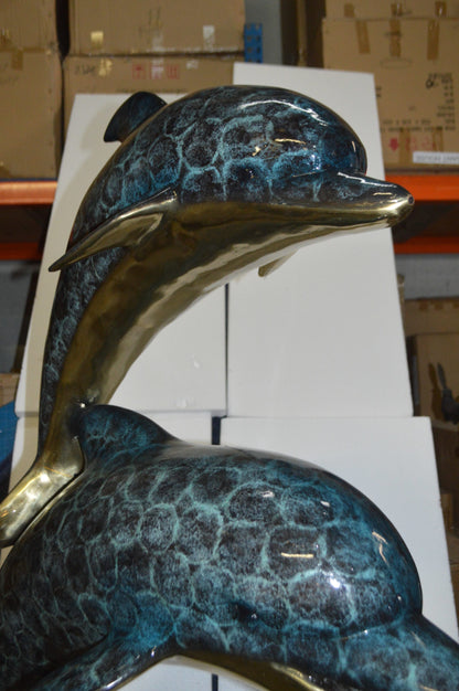Two Dolphins Overreach Others on Waves Bronze Statue -  44"L x 23"W x 76"H. 