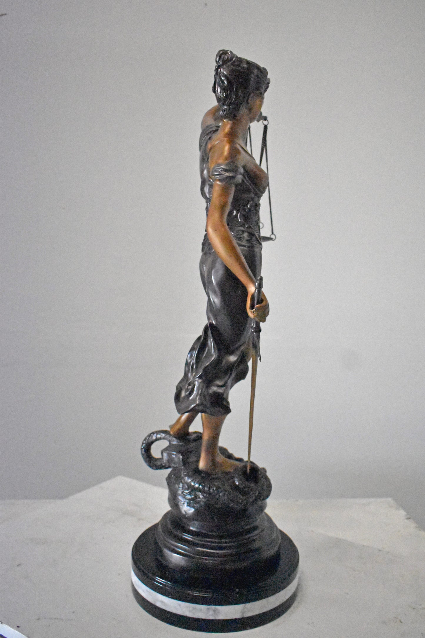 Lady Justice bronze statue mounted on a marble - Size: 14"L x 16"W x 32"H.