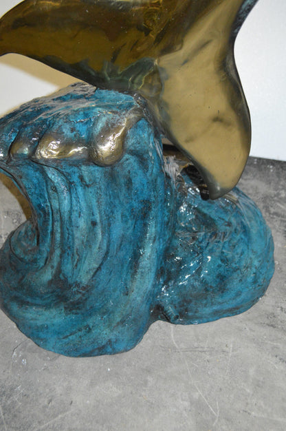 Two Dolphins Overreach Others on Waves Bronze Statue -  44"L x 23"W x 76"H. 