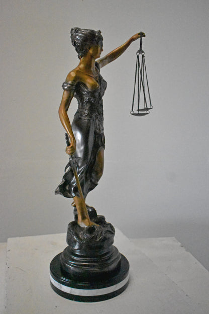 Lady Justice bronze statue mounted on a marble - Size: 14"L x 16"W x 32"H.