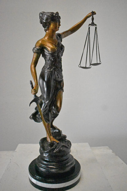 Lady Justice bronze statue mounted on a marble - Size: 14"L x 16"W x 32"H.