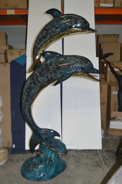 Two Dolphins Overreach Others on Waves Bronze Statue -  44"L x 23"W x 76"H. 